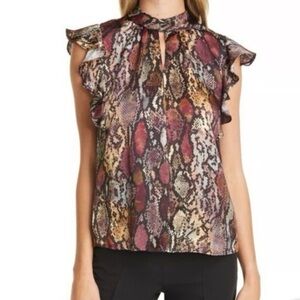 Rebecca Taylor Snake Printed Ruffle Sleeve Silk Blouse Women's Size xs
